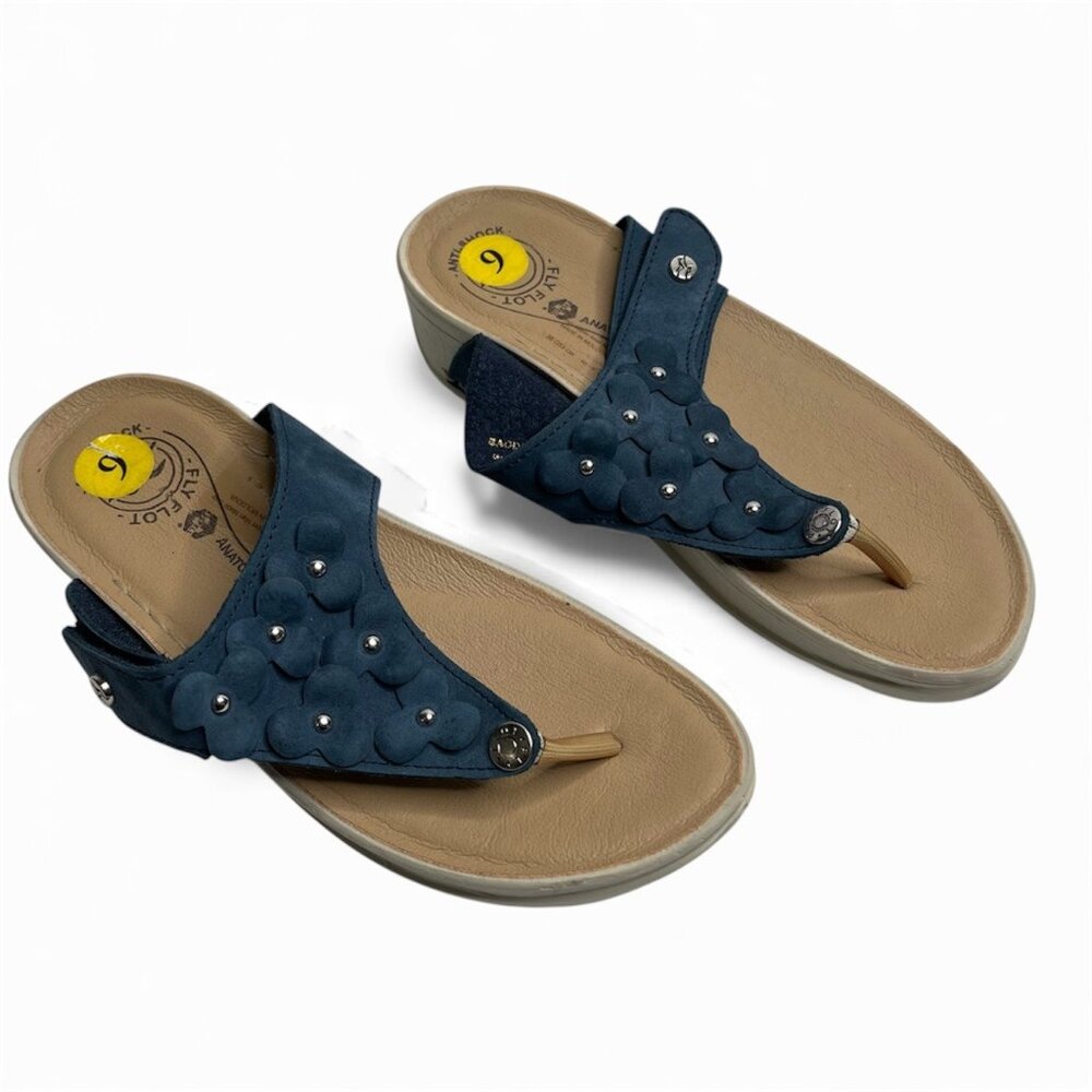 Fly Flot Womens Navy Blue Anatomic Sandals Size 9 Leather Upper